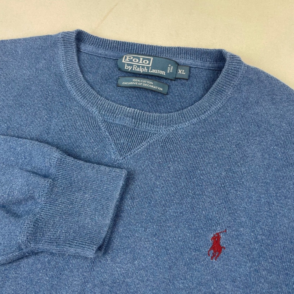 Polo Ralph Lauren Mens XL Blue Cotton Crewneck Sweater Red Pony Logo Knit